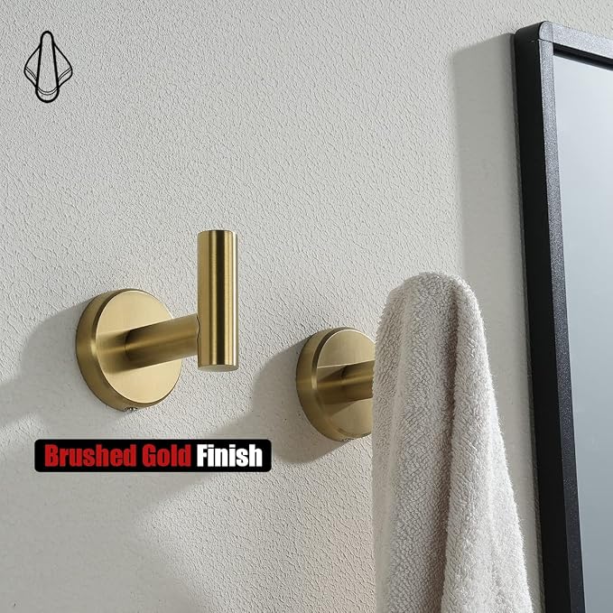 JQK Bathroom Towel Hook Brushed Gold, Brass Coat Robe Clothes Hook for Bathroom Kitchen Garage Wall Mounted (Pack of 2), SUS 304 Stainless Steel 0.8mm, TH100-BG-P2