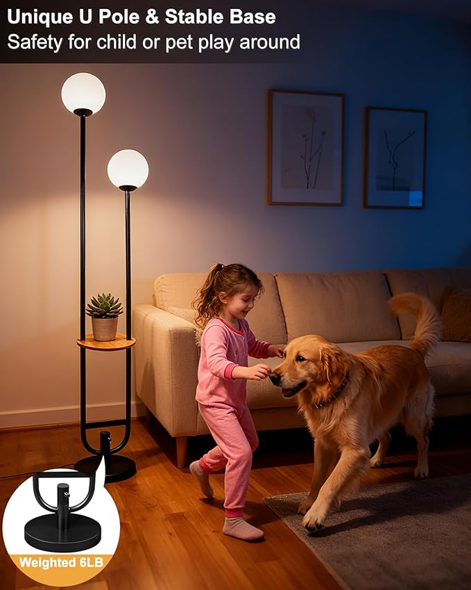63IN 2-Globe Floor Lamp Dimmable Tall Standing Lamps with Table 3000K Warm White Unique Vintage Modern Mid Century Floor Lamp with 5Lbs Heavy Base for Living Room-Black