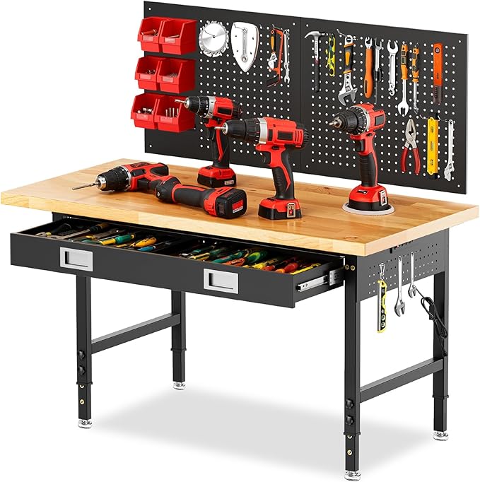 60" Workbench for Garage with Drawers Rubberwood Tabletop Work Table with Pegboard, Power Outlets Adjustable Height Work Bench for Office, Woodworking Shop, Home