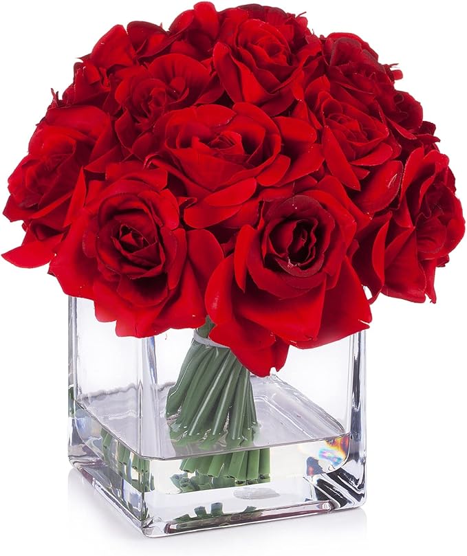 ENOVA FLORAL 18 Pieces Red Rose Artificial Flowers in Vase, Floral Arrangements Artificial with Vase and Faux Water for Wedding, Home Decor Indoor(Red)