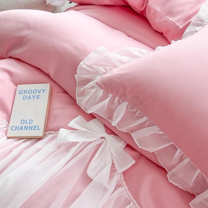 Girls Lace Bedding,Full Comforter Cover Set, Chic Ruffled Duvet Cover with Lovely Bow,Princess Style 1 Duvet Cover with 2 Pillowcases, No Comforter-Bright Pink,Full Size