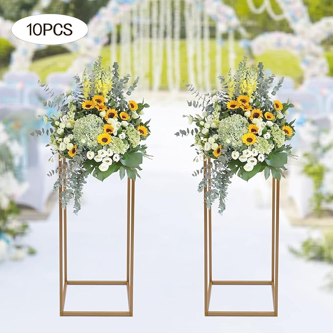10PC 31.5" Flower Stand for Wedding Metal Cylinder Stands for Party Rectangular Gold Centerpieces Flower Vase Gold Pedestal Columns for Weddings Indoor Outdoor Flower Plant Stand Decoration