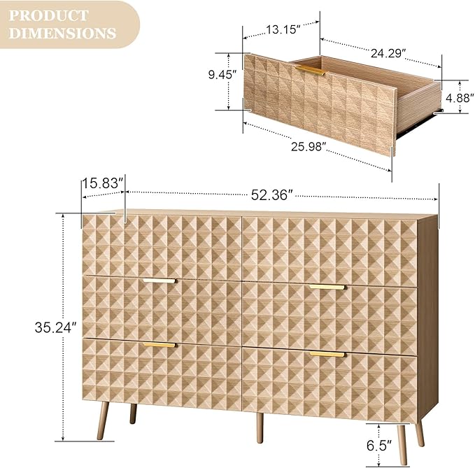 Dresser for Bedroom,Chest of Drawers with Diamond-Shaped 6 Drawer Dresser,Bedroom Dressers TV Stand for Living Room(Natural Oak)