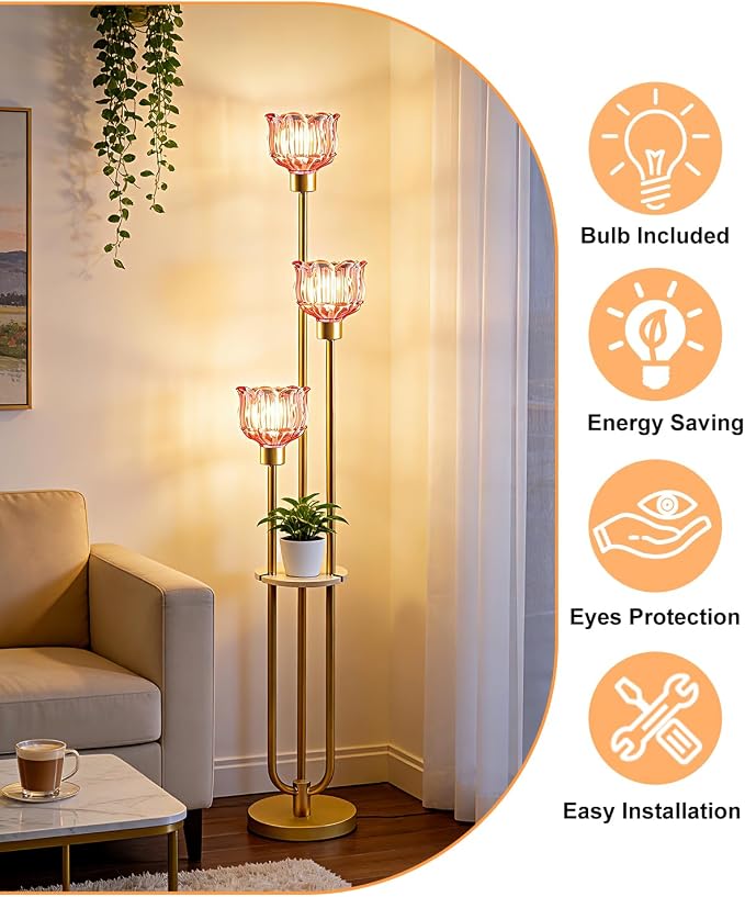 Lightdot Glass Floor Lamp for Living Room 3-Lights Modern Gold Floor Lamp with Rose Red Glass Shade 3000K Bulbs Included Unique Standing Lamp with 5Lbs Heavy Base for Bedroom/Sofa Beside/Corner Decor