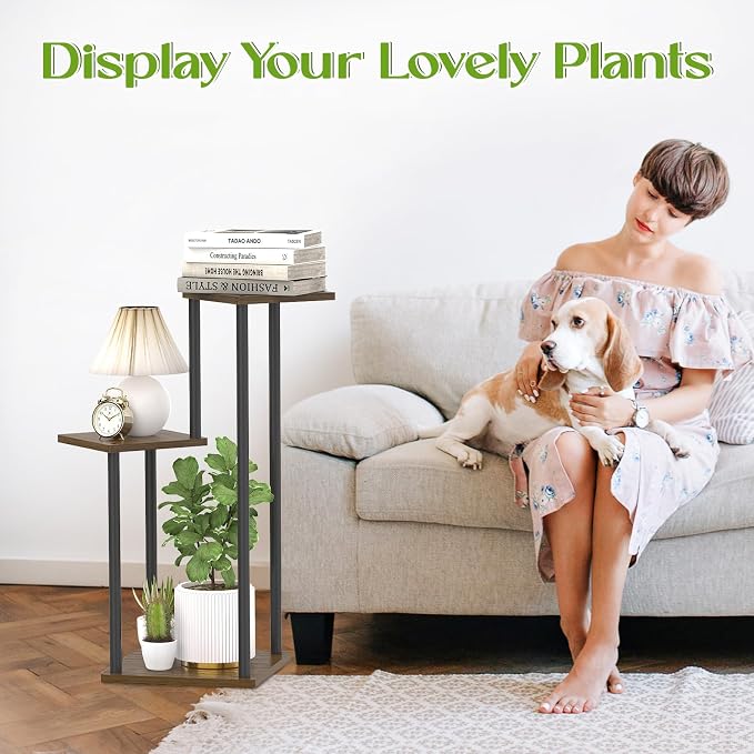 Oppro 3 Tier Plant Stand Indoor Outdoor, Wood Metal Flower Shelf Pot Holder Clearance, Tall Multiple Plants Corner Rack Aesthetic Organizer for Patio Orchid Office Porch Living Room Garden, Black Oak