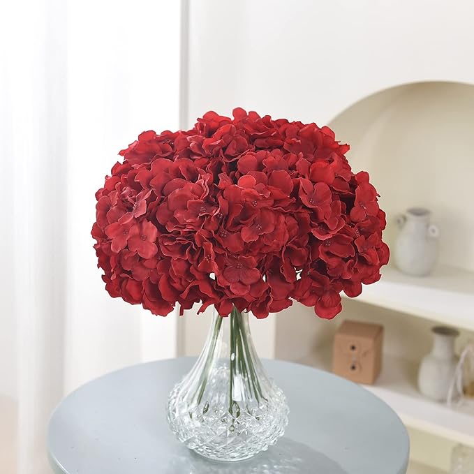10PCS Silk Hydrangea Heads with Stems Artificial Flowers for Wedding Party Home Decor (Red)