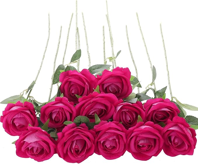 12Pcs Fuchsia Roses Artificial Flowers Fake Roses Faux Velvet Silk Flower for Home Wedding Decoration (Pearl Rose, Fuchsia)