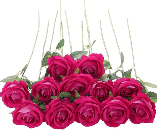 12Pcs Fuchsia Roses Artificial Flowers Fake Roses Faux Velvet Silk Flower for Home Wedding Decoration (Pearl Rose, Fuchsia)