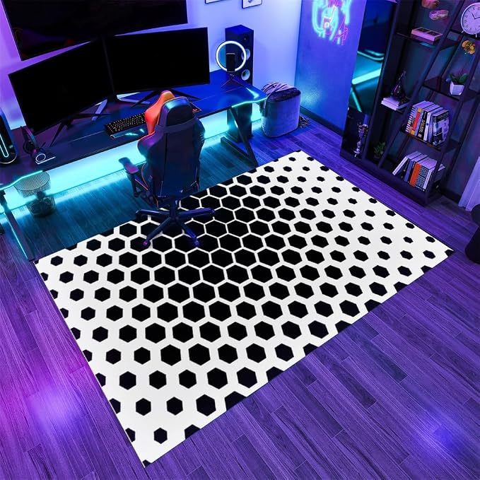 Modern Geometric Area Rugs, Black White Honeycomb Carpet, Washable Non Slip Low Pile Soft Rug for Living Room Bedroom Decor Mat 5x7ft
