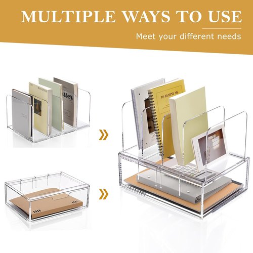 SANRUI Acrylic Desk Organizer - Clear Sliding Drawer with 4 Vertical Compartments for Office Supplies