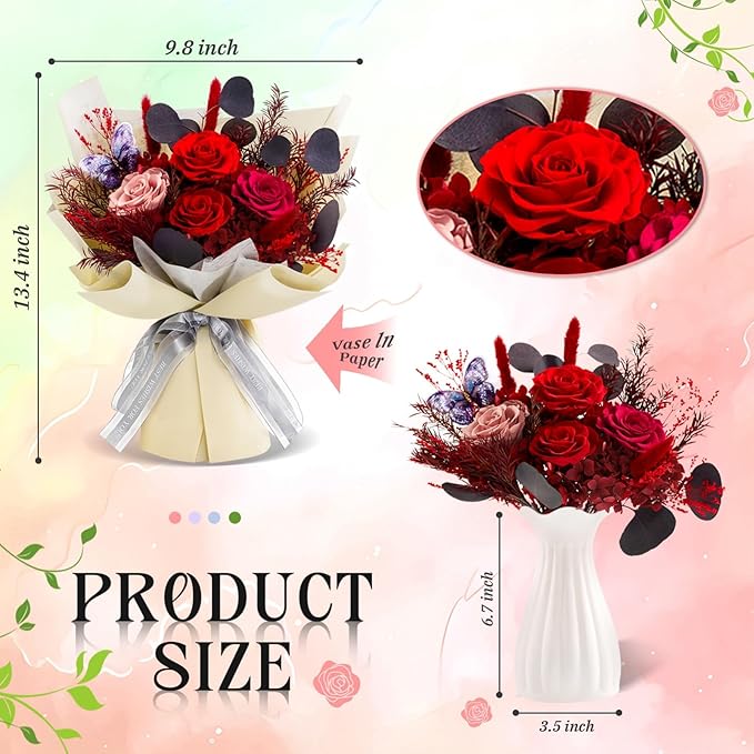 Preserved Flowers Bouquet Roses with Vases,Real Birthday Flowers for Delivery Prime,Forever Glitter Rose Bouquets Kit,Handmade Eternal Rosas Butterfly Gifts for Mom Birthday Women Girl (Red)