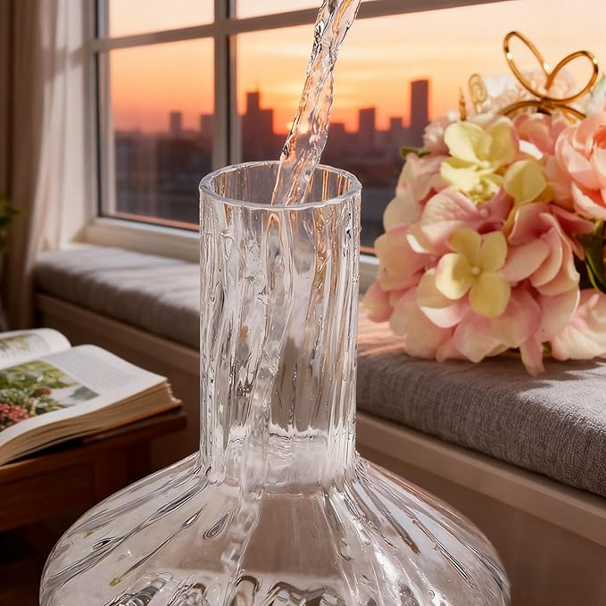 Clear Glass Vase Flower, Rippled Flower Vases with Wooden Base, 10-inch Modern Round Vases, Suitable for Living Room, Dining Room...