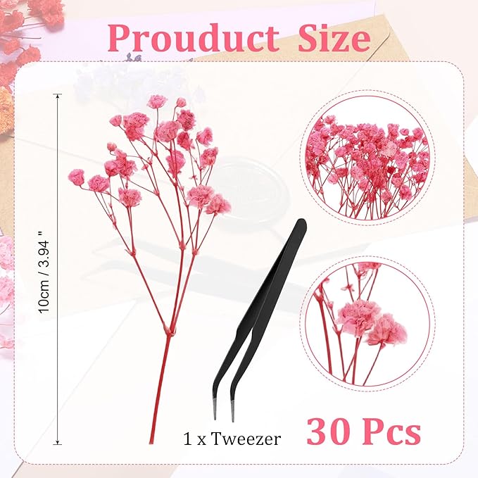 PATIKIL Mini Dried Gypsophila Flower Kit, 30Pcs 4 Inch Pink Natural Pressed Floral Bundles with Tweezer for DIY Resin Crafts Gift Wedding Christmas Card Decor Flower Bouquets