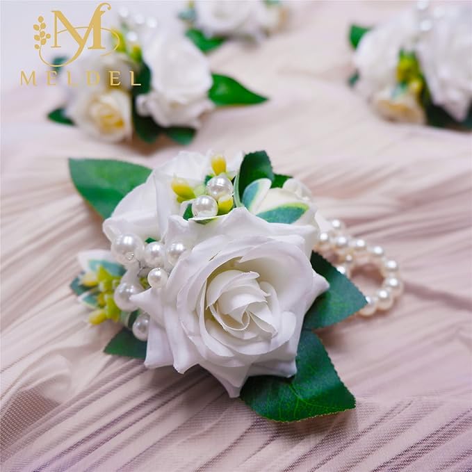 Meldel White Ivory Rose Prom Wrist Corsage for Wedding, Set of 6, Bridesmaid Bridal Hand Flowers Corsage for Prom, Wrist Flower for Wedding Ceremony Anniversary, Dinner Party, Rustic Vintage Wedding