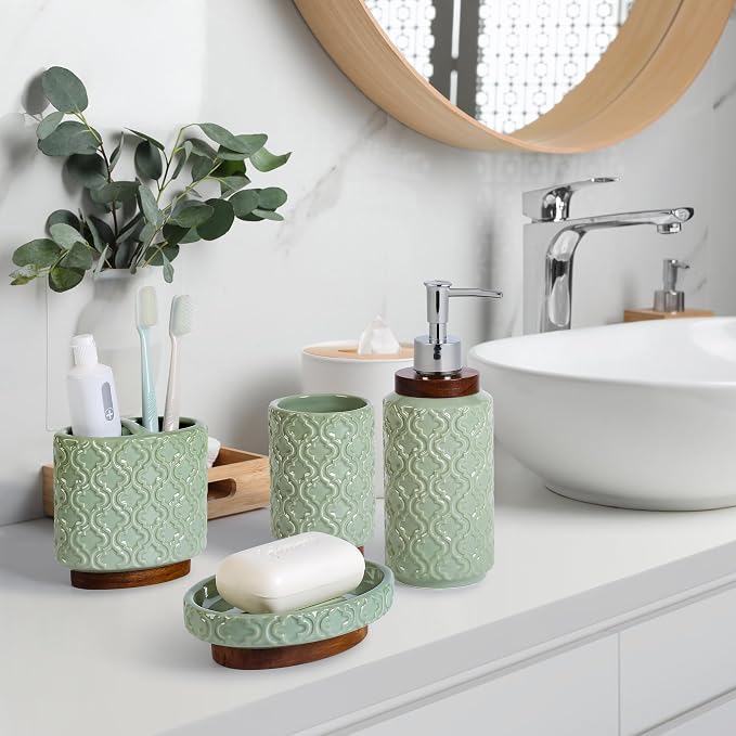 RQYIXI Elegant 5 PCS Ceramic&Wood Bathroom Accessories Set:Soap Dispenser,Toothbrush Holder,Tumbler,Soap Dish,Cotton Swab Jar,Easy to Clean,Quatrefoil Pattern,Green-Affordable Home Luxury