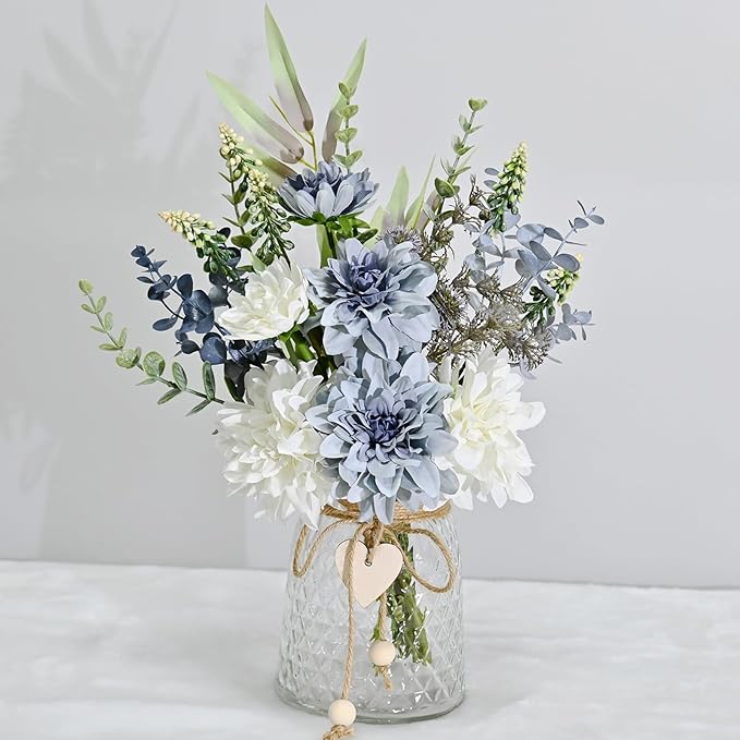 LADADA Artificial Flowers in Glass Vases, Silk Dahlia in Vases, Offices, Farmhouses, Bathrooms, Dining Tables, Coffee Tables, Decorative Artificial Flowers