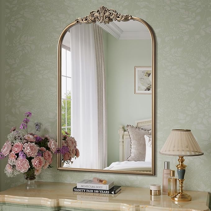 Gold Vintage Mirror, 24” x 40” Arched Ornate Baroque Mirror for Fireplace Mantel, Antique Brass Bathroom Mirrors for Wall with Metal Frame for Entryway, Bedroom, Living Room