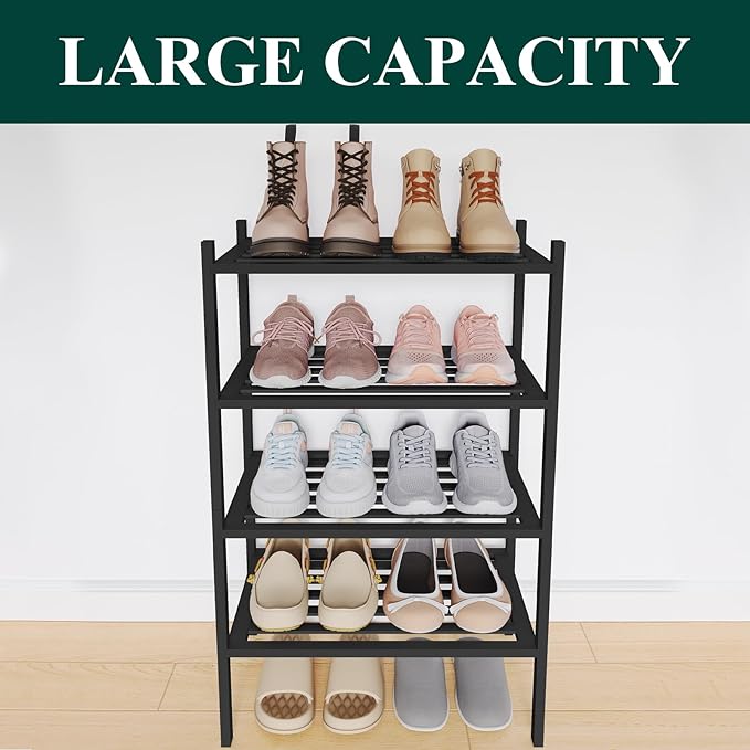 Smiry Small Bamboo Shoe Rack 4-Tier, Stackable Wooden Shoe Organizer for Entryway & Closet, Free Standing Wood Shoe Storage Shelf for Front Door & Small Spaces, Black
