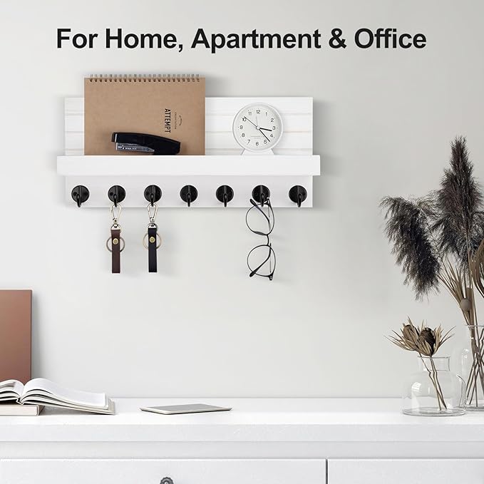Lwenki Key Holder Wall Mount, Entryway Key and Mail Holder with 7 Sturdy Hooks for Sunglasses, Dog Leash, Decorative Wall Shelf with Mounting Hardware, 15”W x 6.7”H x 4.2”D (White)