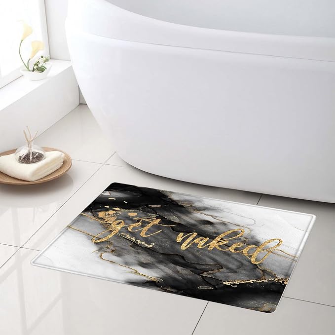 LB Black and Gold Marble Bathroom Rug Funny Quote Get Naked Non Slip Bath Mat Abstract Geometric Art Doormat Memory Foam Super Absorbent Floor Mats,24x16 Inch