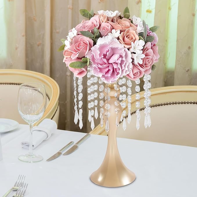 Flower Stand Vase, 10 Pcs Glam Crystal Wedding Reception Decorations with Sparkling Beads Table Center Display Flower Arrangement Flower Stand Metal Vase for Event Party Decor (Gold, H:13.78in)