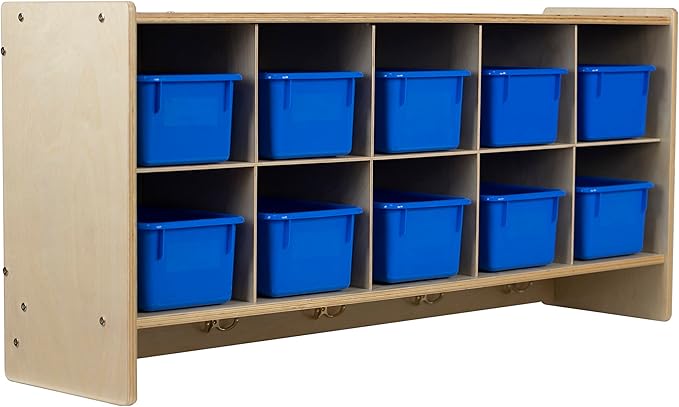 10 Section Cubby Wall Mounted Hanging Cubbies with Blue Storage Containers for Organizing Toys, Games, School Art and Craft Supplies