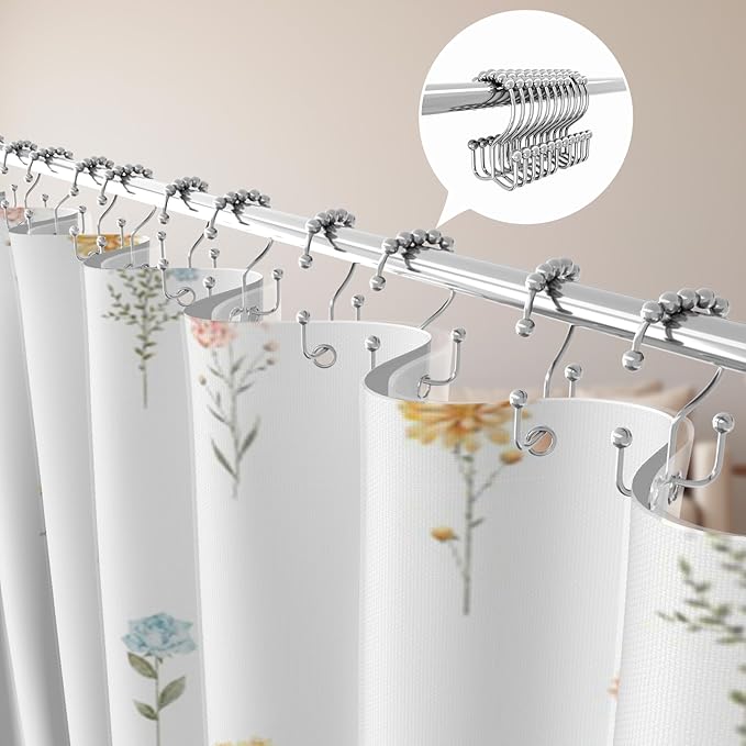 3 in 1 Shower Curtain Set, Floral Wildflower Minimalist 72x72 Inches Polyester Bath Curtain with Magnetic PEVA Liner and 12 Double Sided Stainless Steel Hooks