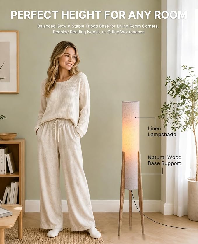 Natural Wood Tripod Floor Lamp, 48.8 in High Vintage Style Cylinder Floor Lamp with White Fabric Lampshade, Mid Century Modern Floor Lamp for Bedroom Living Room Home Office (Natural)