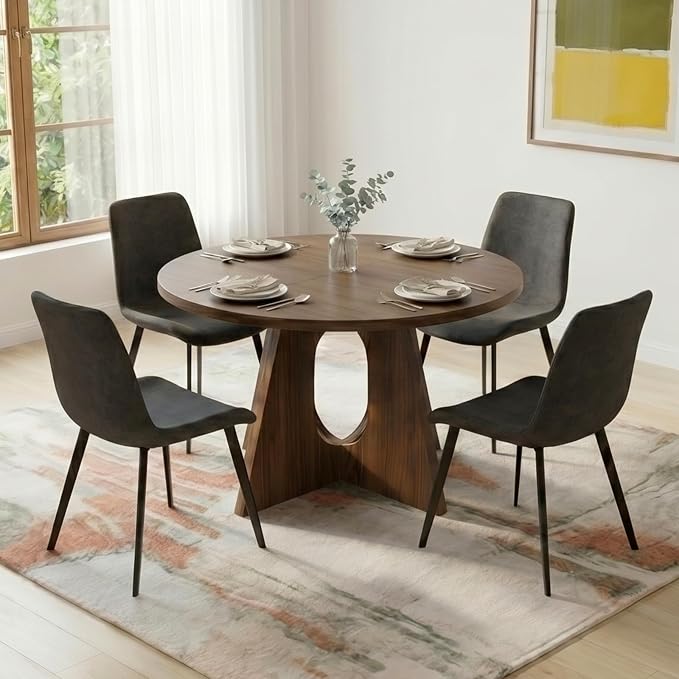 HIPIHOM Modern Round Expandable Dining Table Set for 6, 43.3"-59" Walnut Kitchen Table with 6 PU Leather Chairs, 7-Piece Mid-Century Dining Room Set