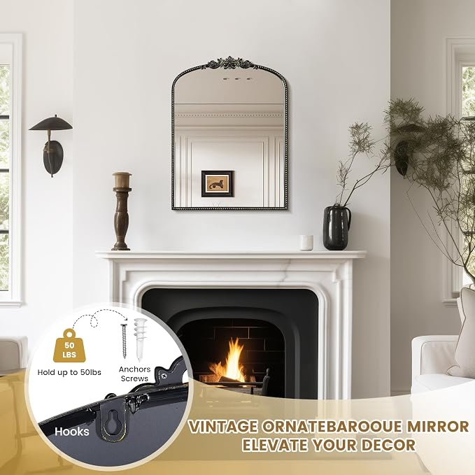 WallBeyond Black Vintage Mirror for Vanity 24x32 Inch, Black Antique Mirror with Ornate Frame, Arched Vintage Wall for Bathroom, Living Room, Fireplace, Entryway