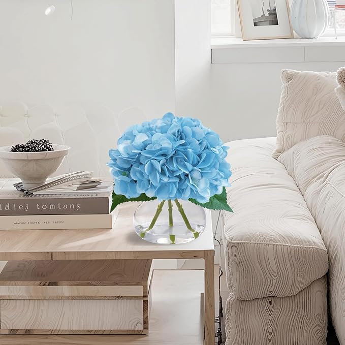 Big Petals Hydrangea Artificial Flowers in Vase, Blue Silk Fake Flowers Silk Centerpiece Table Decorations for Dining Room,Coffee Table Decor,Wedding, Home with Faux Water decorr (Sea Blue)