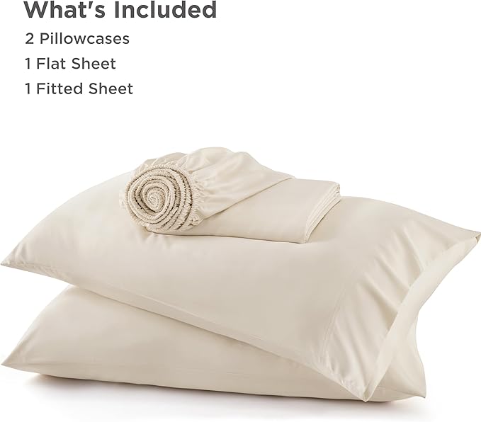 Bedsure Full Size Bed Sheets, Cooling Sheets, Rayon Derived from Bamboo, Breathable & Soft, Deep Pocket Up to 16 Inches, Hotel Luxury Silky Bedding for Hot Sleepers, Light Beige