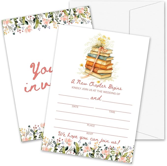 A New Chapter Begins Wedding Invitations, 5"x 7" Flower Book Theme Wedding Invites Card With Envelopes, 25 PCS for Party Decorations and Supplies - A13
