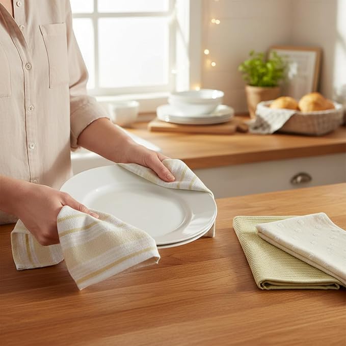 Yellow White Kitchen Hand Dish Towels: Oversized 28" x 16",100% Cotton Cloth Soft Cleaning Drying Absorbent Striped Solid Polka Dot Design, Set of 3 Multipurpose for Everyday Use (Yellow Austin)