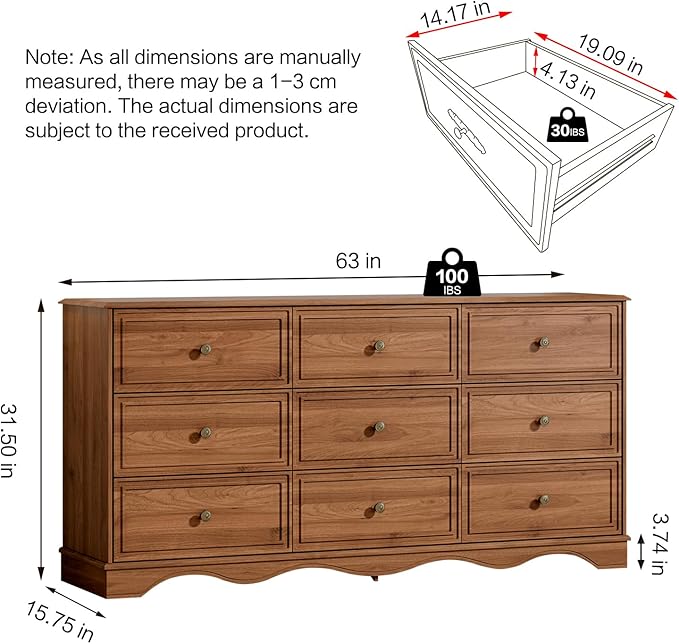 9 Drawer Dresser,63" Wide Mid Century Chest of Drawers,Wooden Bedroom Drawer Dresser with 9 Storage Drawers for Bedroom,Living Room,with Anti-Tipping Device,Umber.