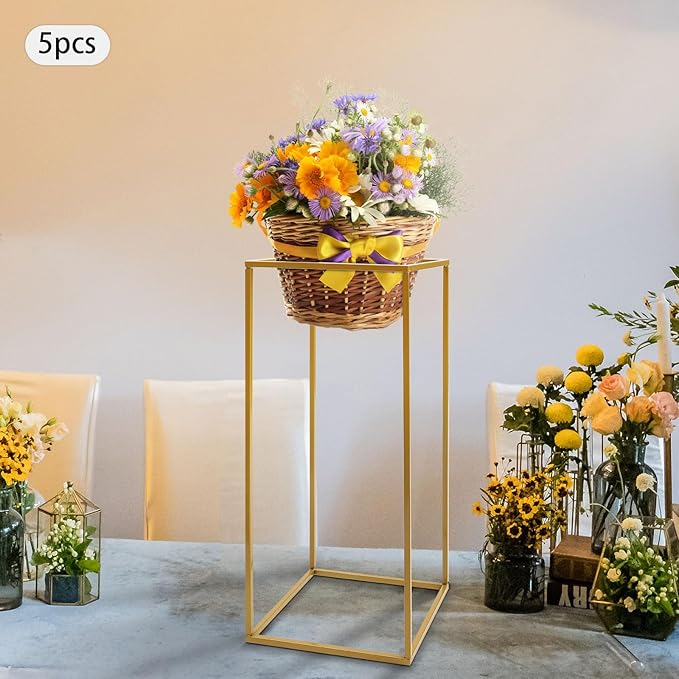 5PC 23.6" Flower Stand for Wedding Metal Cylinder Stands for Party Rectangular Gold Centerpieces Flower Vase Gold Pedestal Columns for Weddings Indoor Outdoor Flower Plant Stand Decoration