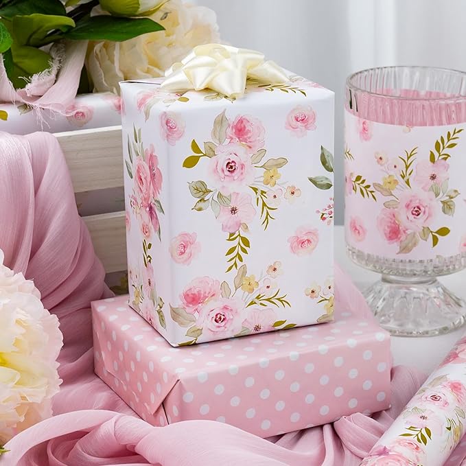 Burymento Pink Flower Wrapping Paper, Reversible Pink Wave Point Gift Wrap for Birthday, Valentines, Mothers day, Graduation, Wedding, Fathers day, Baby Shower, Christmas (17in x 32.8ft)