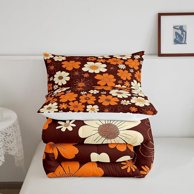 Castle Fairy 70s Groovy Flowers Comforter Set Twin Size,Hippie Retro Farmhouse Plant Quilt Set for Kids Boys Bedroom Collection,Brown White Yellow Floral Polyester Bedding with 1 Pillowcase,2Pcs