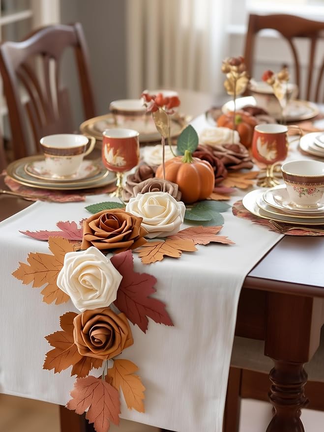 InnoGear Artificial Flowers, 50 Pcs Shades of Earth Tones Foam Fake Roses Bulk with Stems for Autumn Fall Decoration DIY Wedding Bouquets Centerpieces Bridal Shower Party Christmas Tree