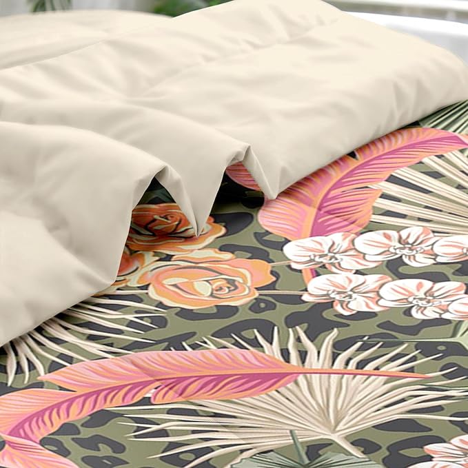 Comforter Set Queen Size, Summer Tropical Flowers 7 Pcs Bedding for Kids and Adults, Hawaiian Palm Leaf Leaves Bed Sheet Sets with Fitted Sheet 2 Pillowcase & 2 Sham for Bedroom Bed Decor
