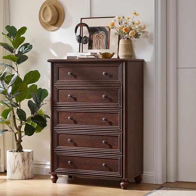 Farmhouse 5 Drawers Dresser Set of 2 for Bedroom, Wood 45" Tall Chest of Drawers, Dresser Rustic Storage Dressers Organizer with Metal Handle Closet for Living Room, Hallway Entryway(Walnut)