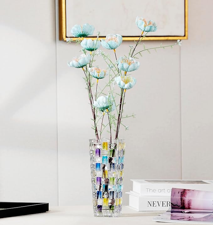 Magcolor Hand Painted Blue Woven Glass Vase -Crystal Flower Vase- 7.7 inch, Glass Plant Vase for Floral Arrangements, Centerpieces, Weddings, Housewarming, Centerpiece Home Deco.