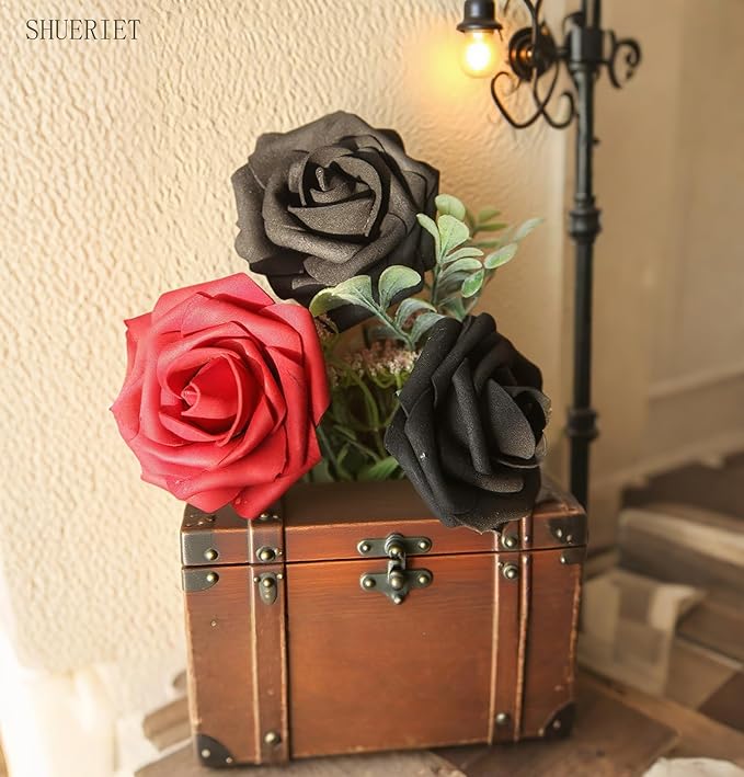 Black Artificial Roses 25pcs, Real Looking Fake Foam Flowers with Stems for DIY Gothic Wedding Bouquets, Centerpieces, Party, Halloween, Home Dark Decor