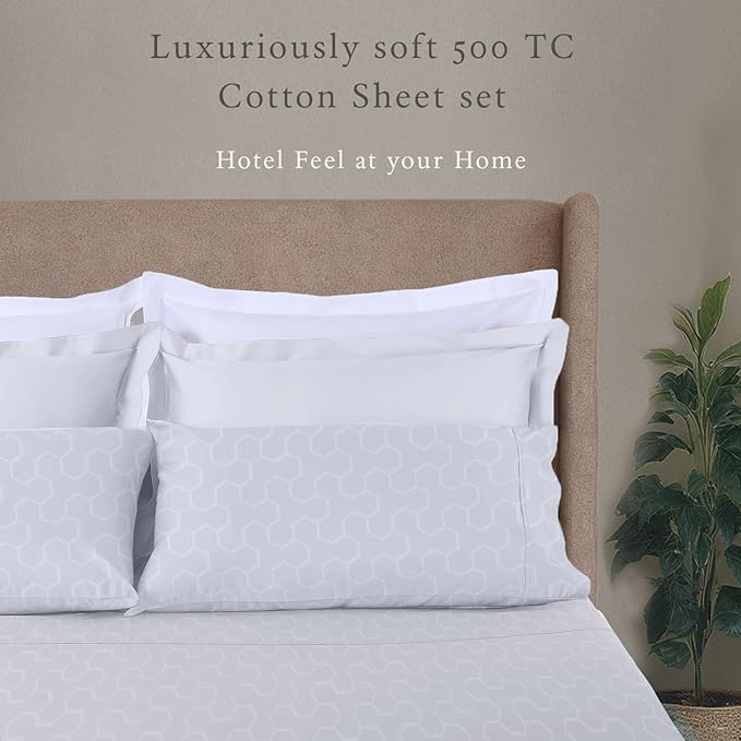 Threadmill 500 Thread Count Full Size 4 Pc Luxury Cotton Sheet Set, Jacquard Floria Hotel White, Silky Smooth Sheets with 16" Elasticized Deep Pocket, 2 Pillowcases & Free Tote Bag