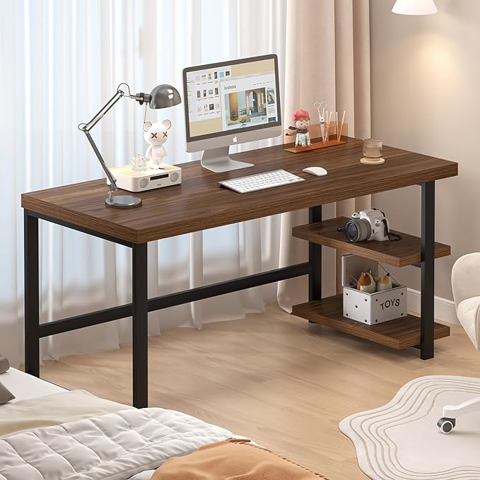 FOLUBAN Modern Computer Desk for Home Office, Large Writing Table with Storage Shelves, Wood and Metal Study Gaming Desk Workstation for Living Room, Rustic Walnut, 60 Inch
