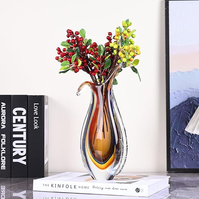 Amber Hand Blown Glass Vase – Oval Decorative Art Glass for Centerpieces, Murano Inspired Decor for Dining Room, Entryway Table, or Shelf, Handmade Glass Vase for Home Display (Red Yellow)