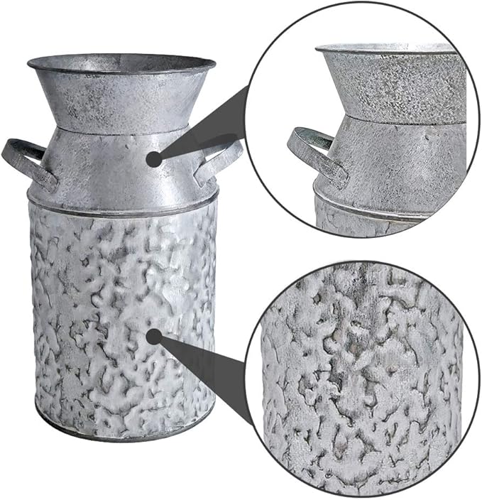 Galvanized Milk Can Antique Retro Vase Metal Planter Rustic Vintage Primitive Flower Holder Farmhouse Country Plant for Home Office Decor, 7.6”