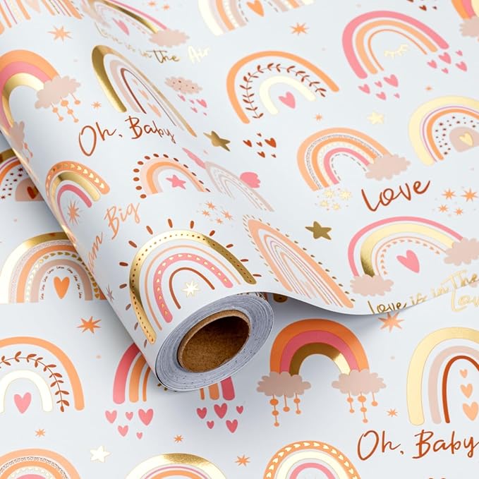 Burymento Rainbow Wrapping Paper, Boho Gold Foil Themed Gift Wrap for Birthday, Valentines, Mothers day, Graduation, Wedding, Fathers day, Baby Shower, Christmas (17 IN x 32.8 FT)