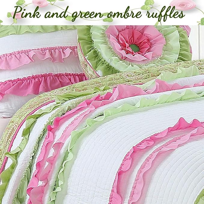 Cozy Line Home Fashionsn Chic Ruffles Pink Green Girl 100% Cotton Reversible All-Season Coverlet, Bedspread, Quilt Bedding Set (Charlotte, Queen)