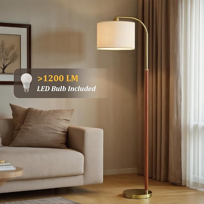66” Walnut Gold Floor Lamp for Living Room, 1200 Lumens 3-Level Brightness Arc Floor Lamp for Bedroom, Wood Vintage Mid Century Modern Standing Lamp, Adjustable Lampshade, LED Bulb Included